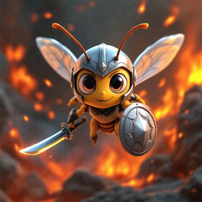 The primary subject of the image is a small, cute, and colorful bee with a sword. The bee is wearing a helmet and is holding a sword in its hands. The setting is a fire, with flames visible in the background. The visual style is digital art, and the colors and mood are vibrant and lively.